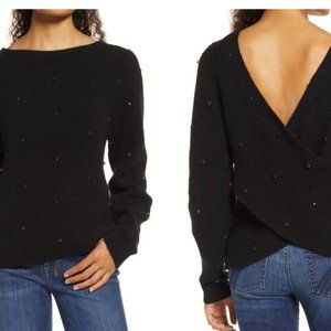HALOGEN - jewel embellished sweater, cross-back, reversable, black, size MEDIUM